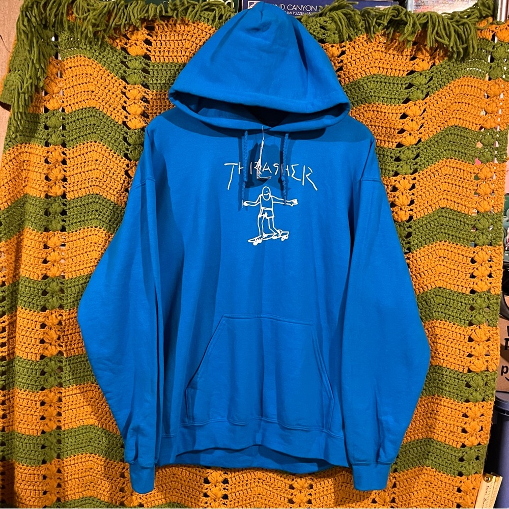 Thrasher Magazine Blue Skater Figure Hoodie Pullover - Large Skate Graphic